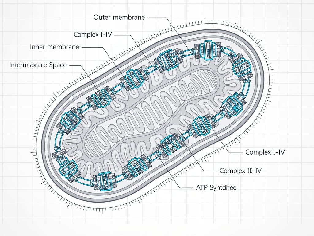 Technical diagram illustrating the structure of a human mitochondrion.