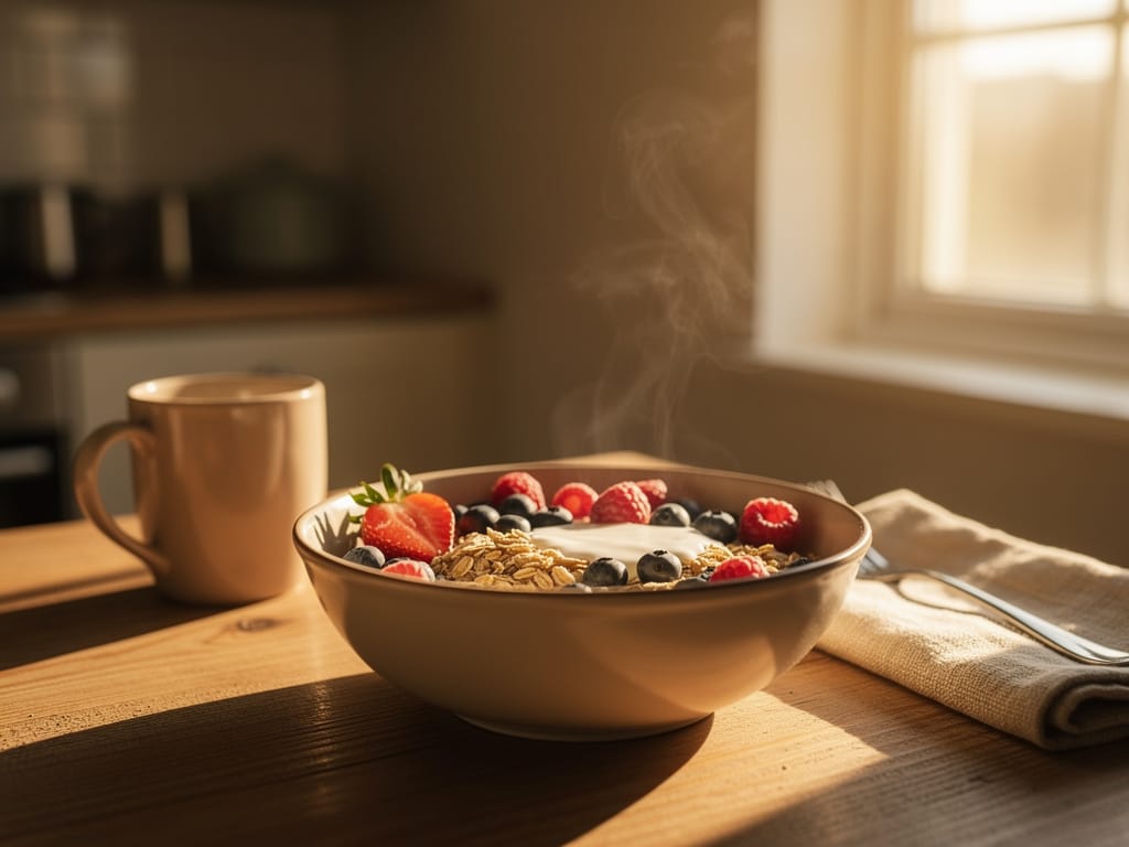 Healthy breakfast bowl in morning golden light on a kitchen table