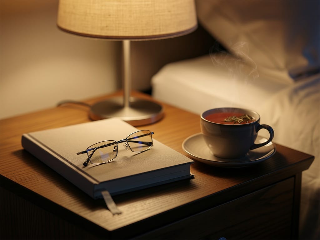 A calm nightstand setup with a book and herbal tea before bed.