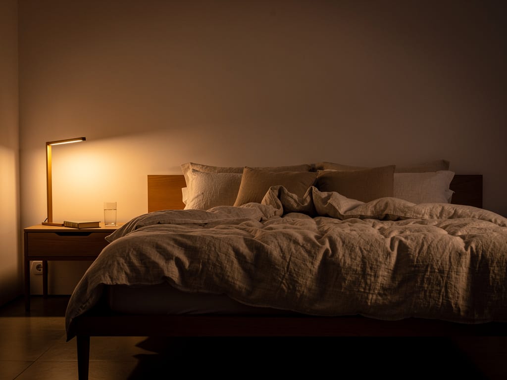 A dimly lit, peaceful bedroom prepared for sleep.