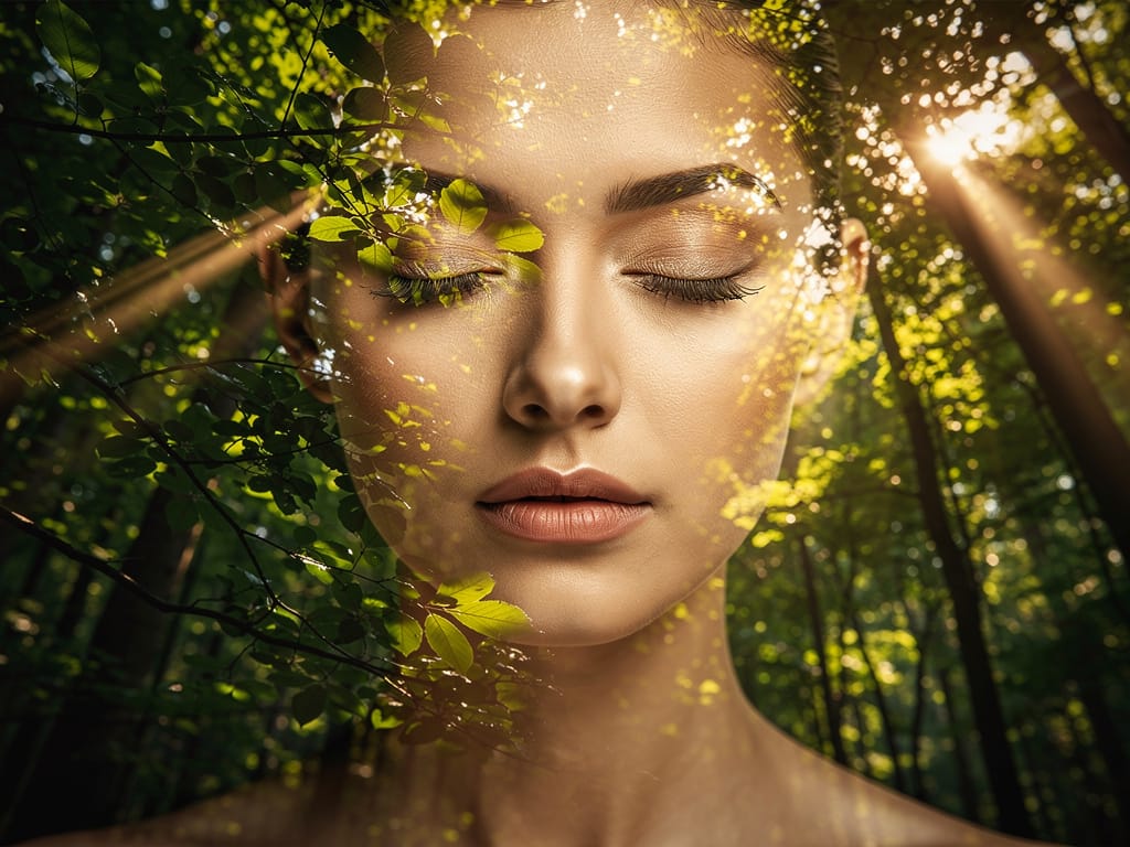 A person's face blended with a natural forest scene, representing the exposome
