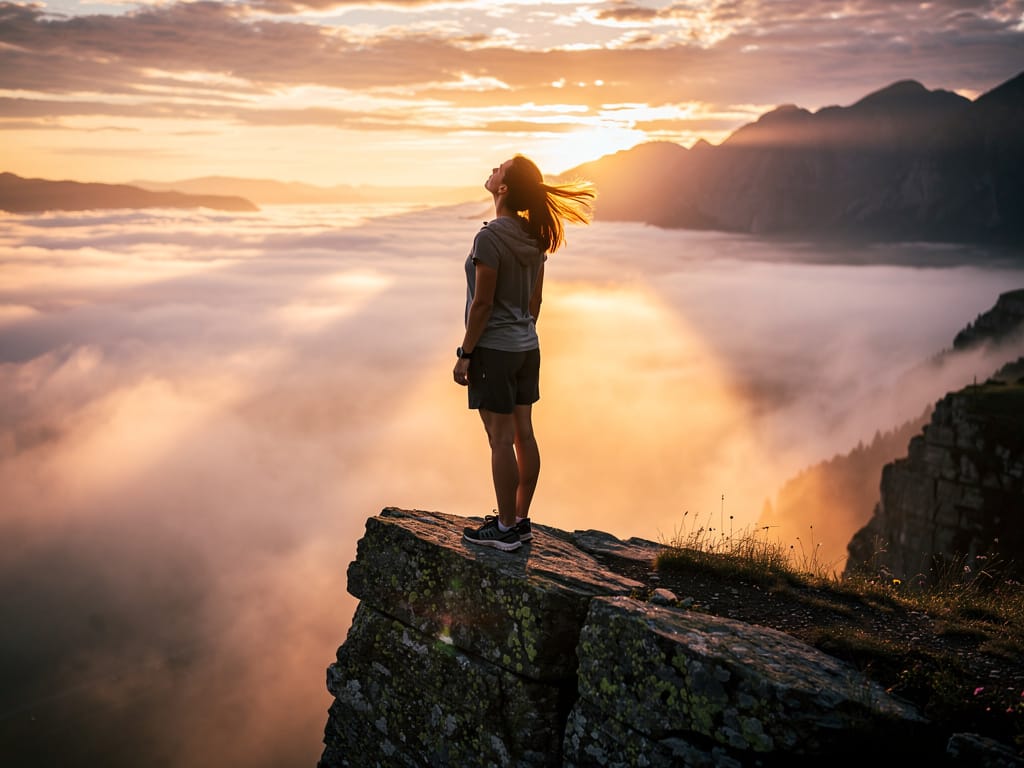 Woman finding peace at sunrise