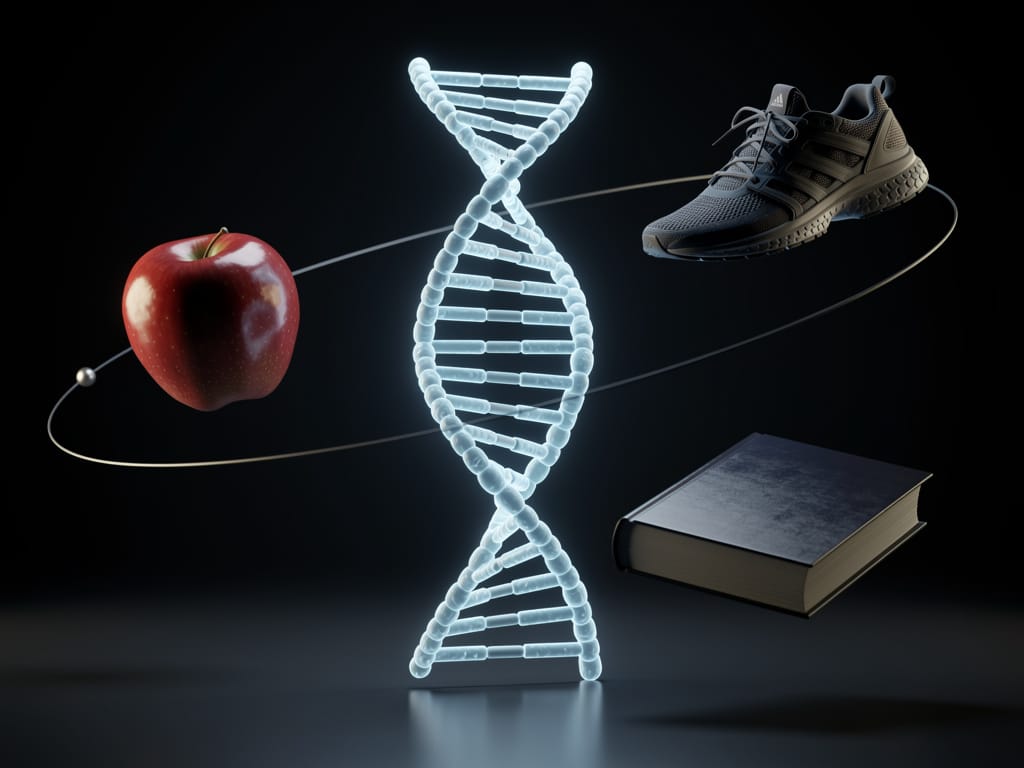 A glowing DNA strand surrounded by lifestyle choice symbols like an apple and a running shoe