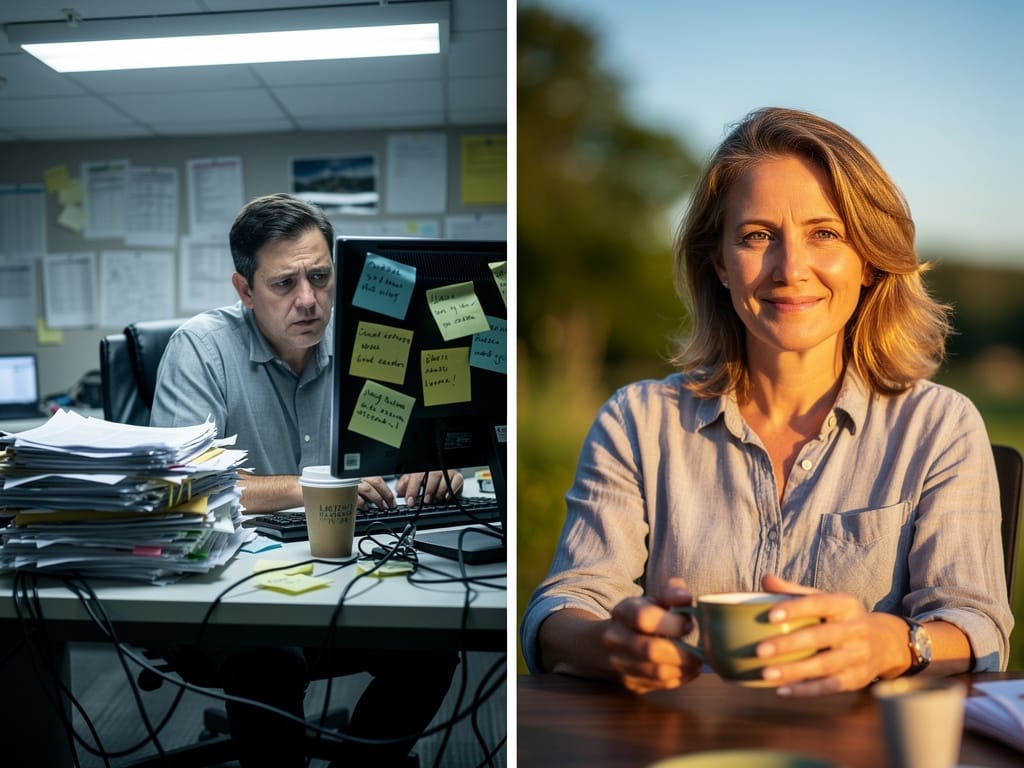 A before-and-after visual of a person looking tired versus looking energized and healthy