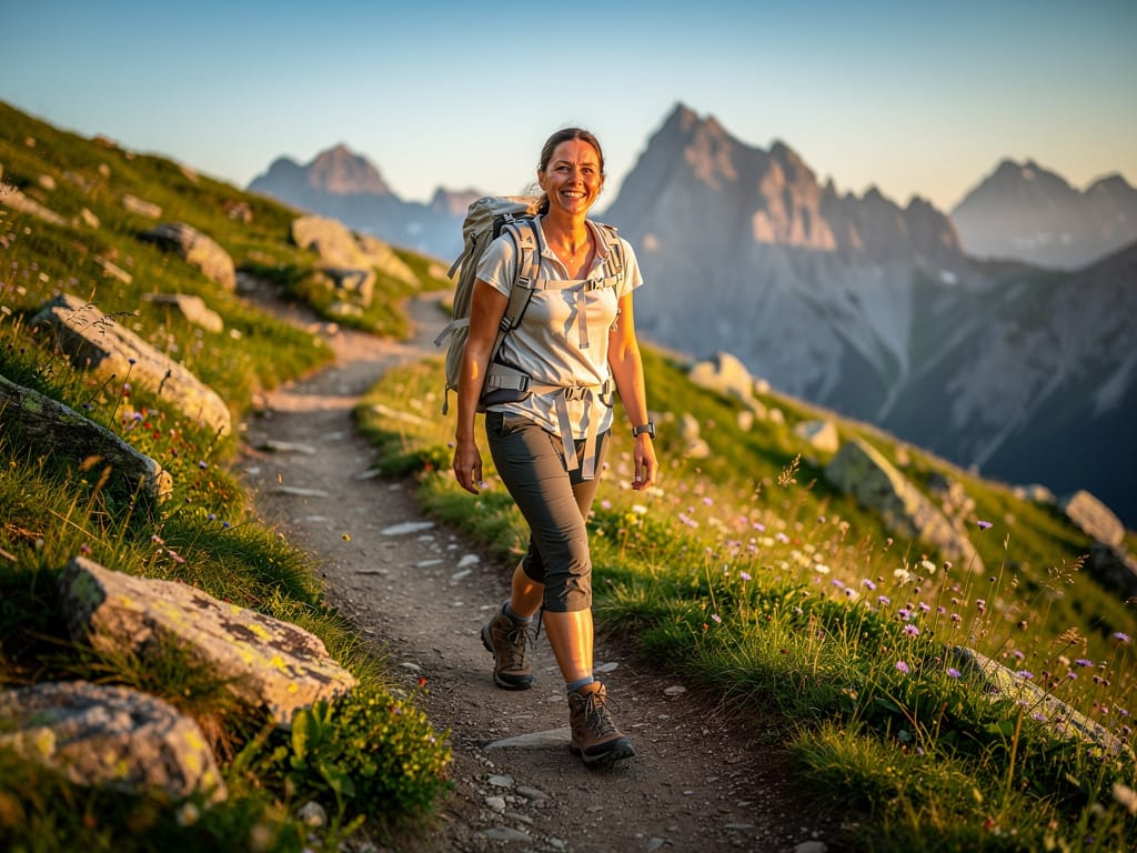 A healthy and active person in their late 40s enjoying a hike outdoors