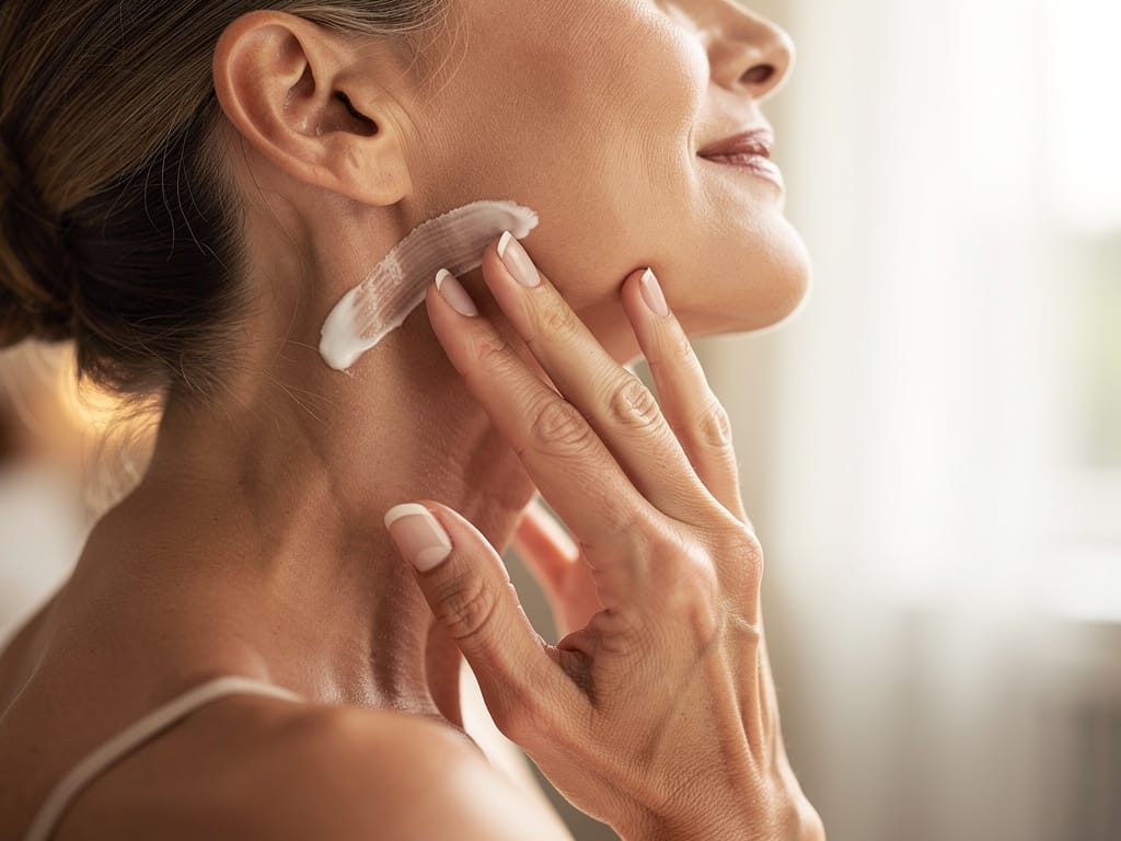 Woman applying moisturizing cream to her neck