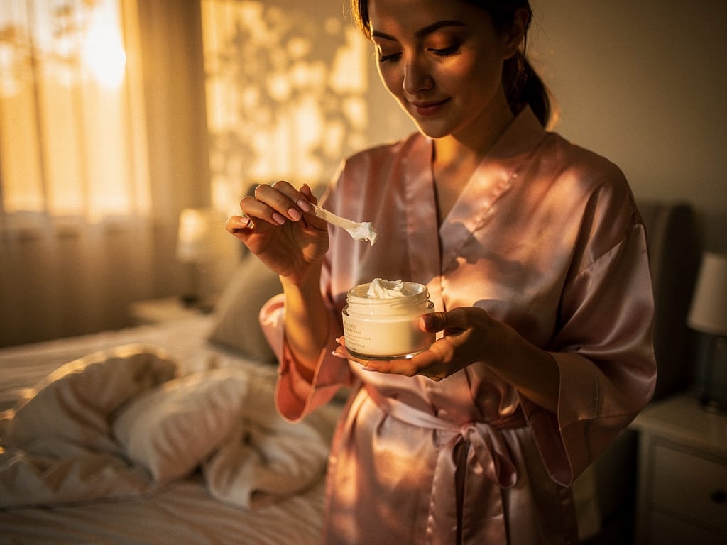 Woman applying night cream in a cozy bedroom