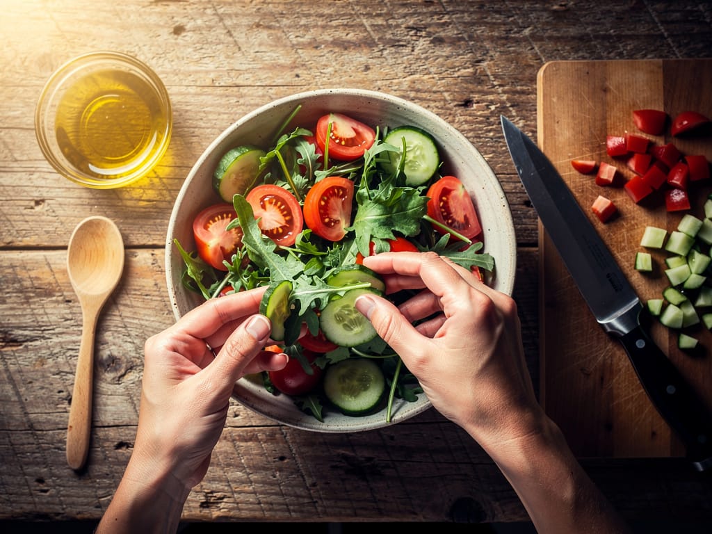 Hands preparing a fresh garden salad on a rustic table