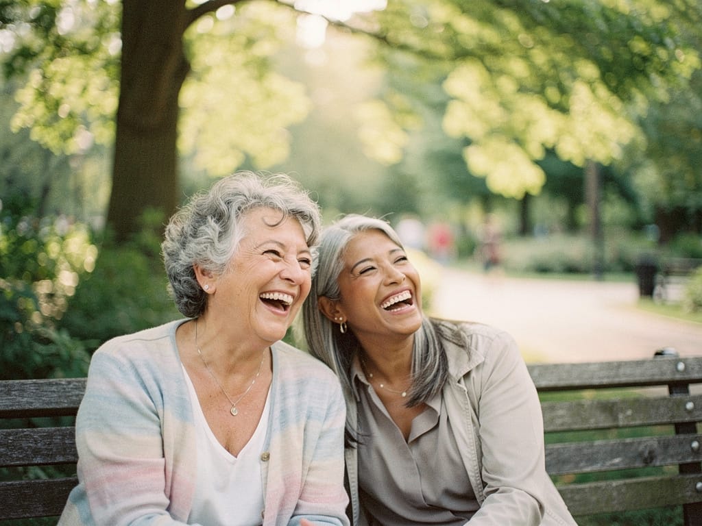 Two older friends laughing together on a park bench