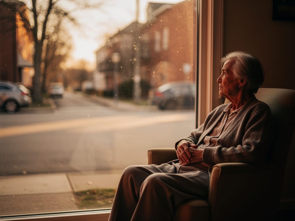Elderly person sitting alone by a window in morning light