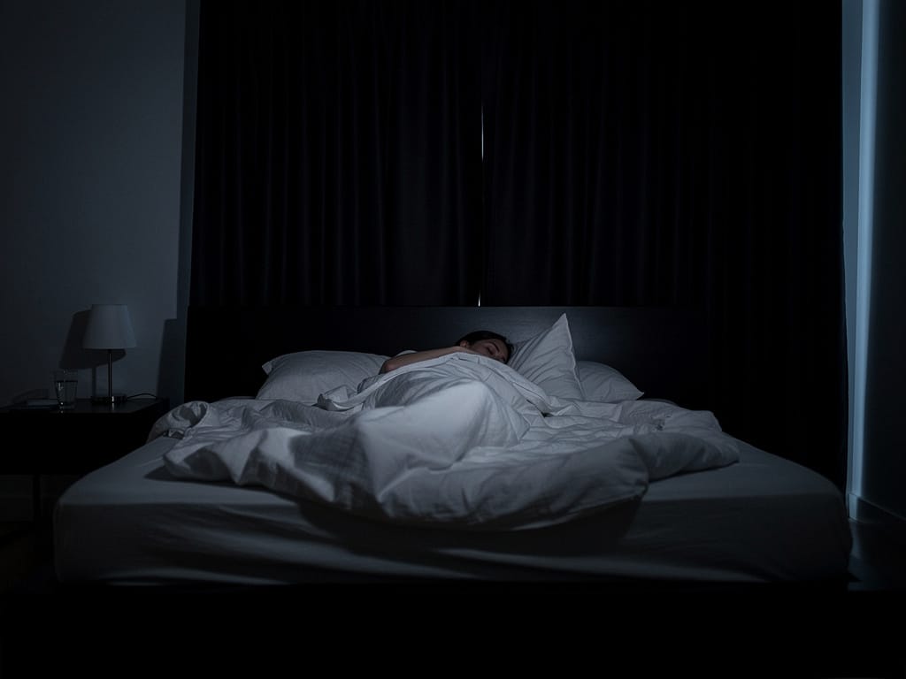Person sleeping in a completely dark bedroom with blackout curtains