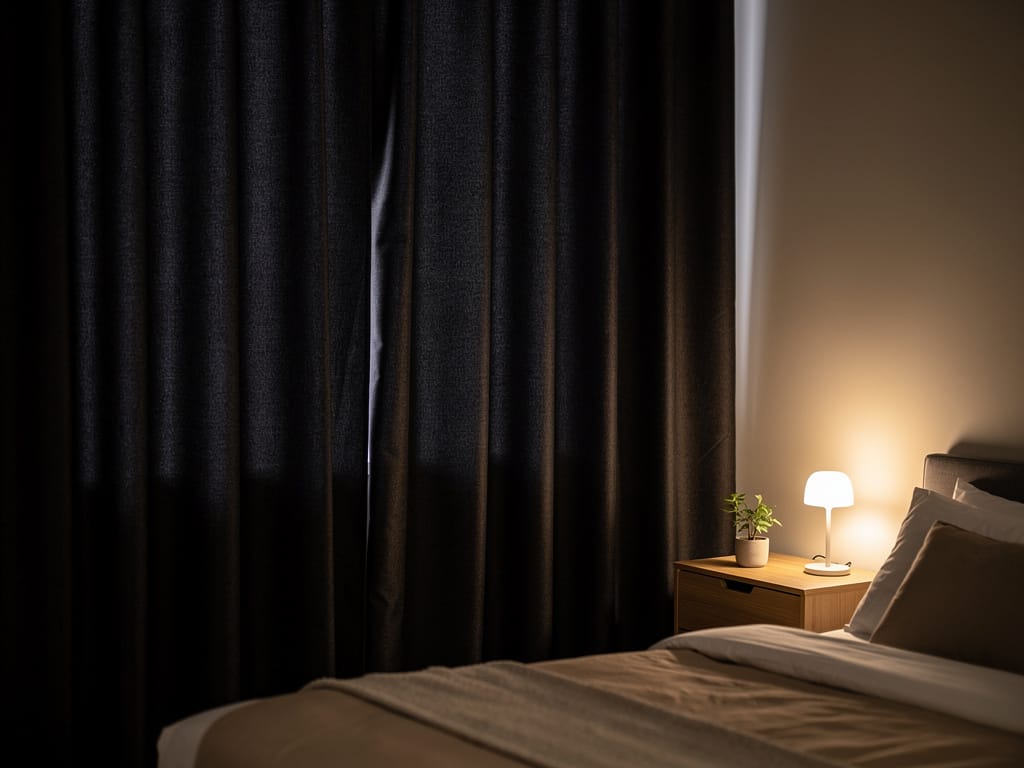 Blackout curtains fully drawn in a dark modern bedroom
