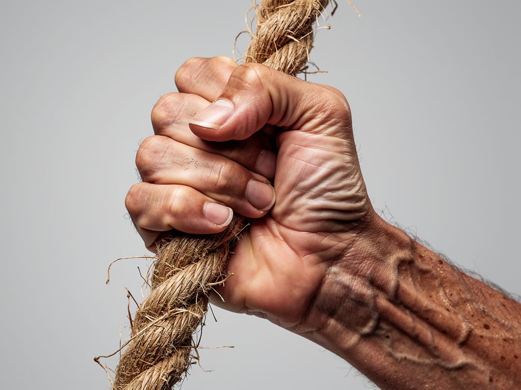 A strong older hand gripping a thick rope, demonstrating grip strength