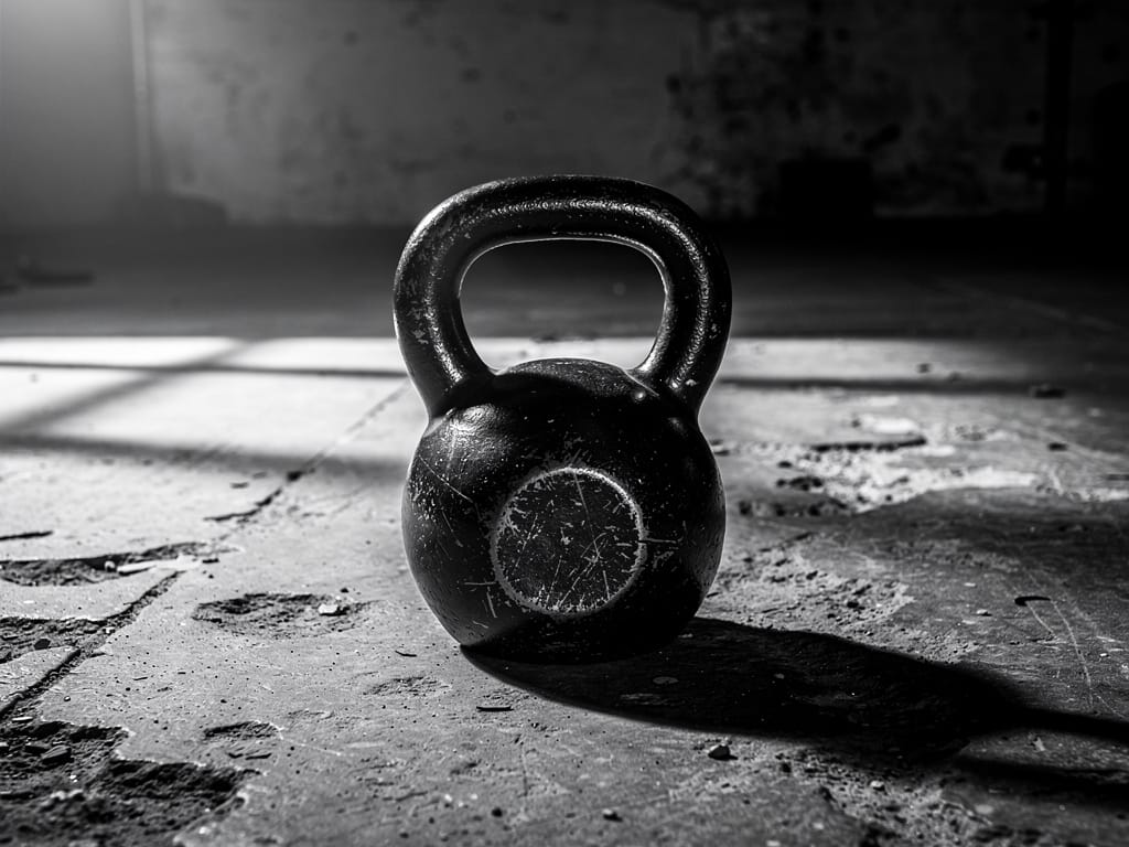 A single black kettlebell on a concrete floor