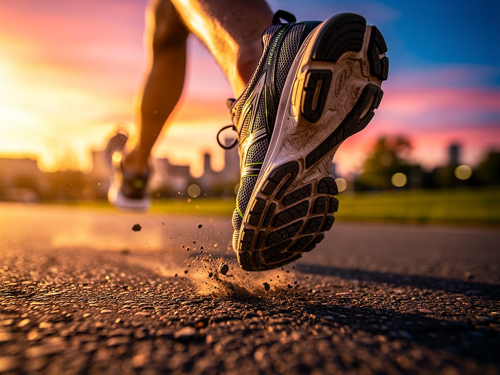 Close-up of running shoes on pavement at sunrise