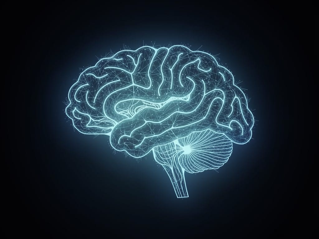Glowing silhouette of a human brain's neural pathways
