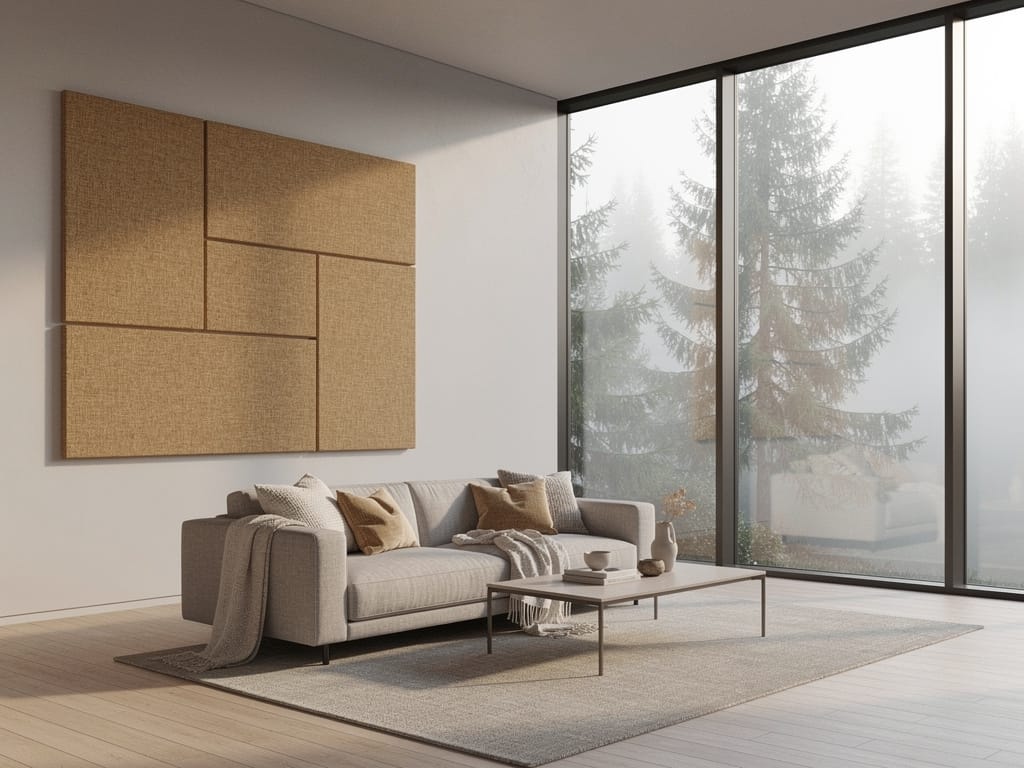 A modern, quiet living room with acoustic panels and a forest view