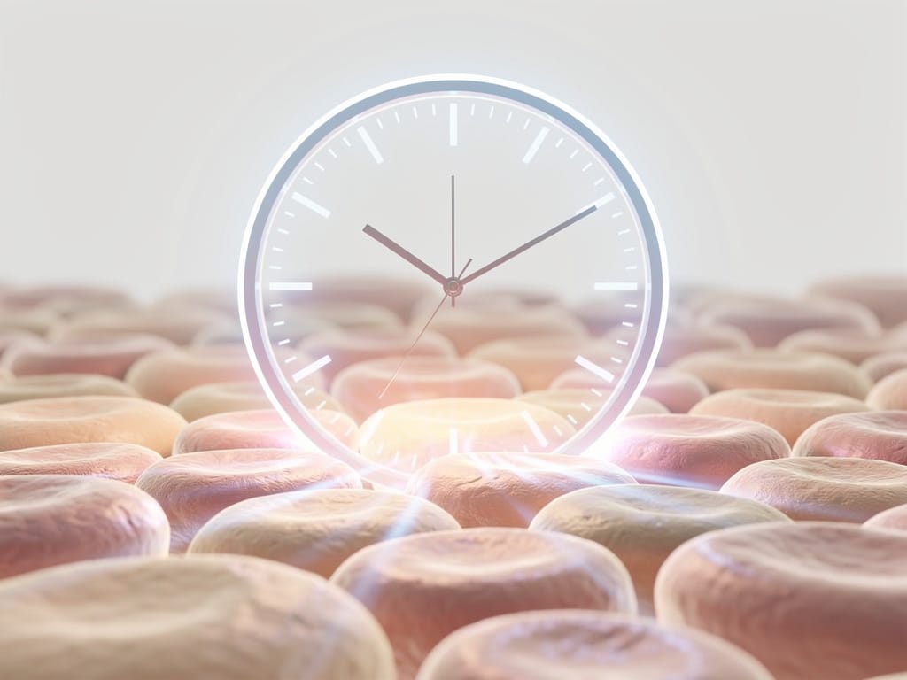 Abstract image of a clock over skin cells representing the skin's circadian rhythm