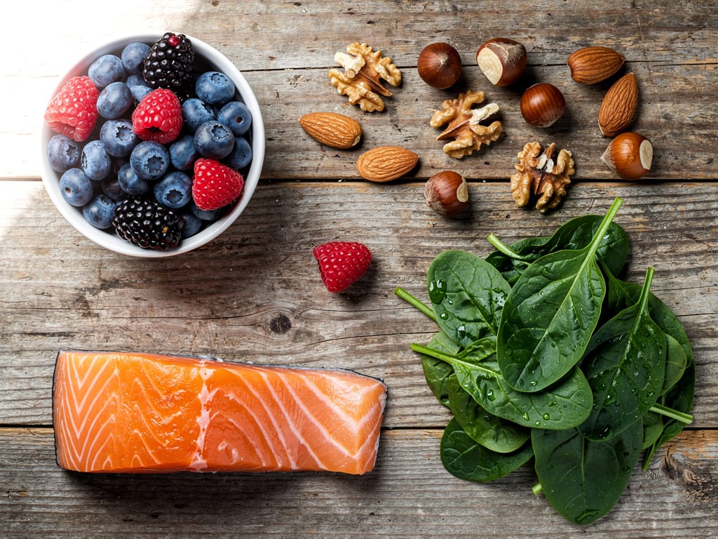 An assortment of healthy, low-sugar foods for skin health
