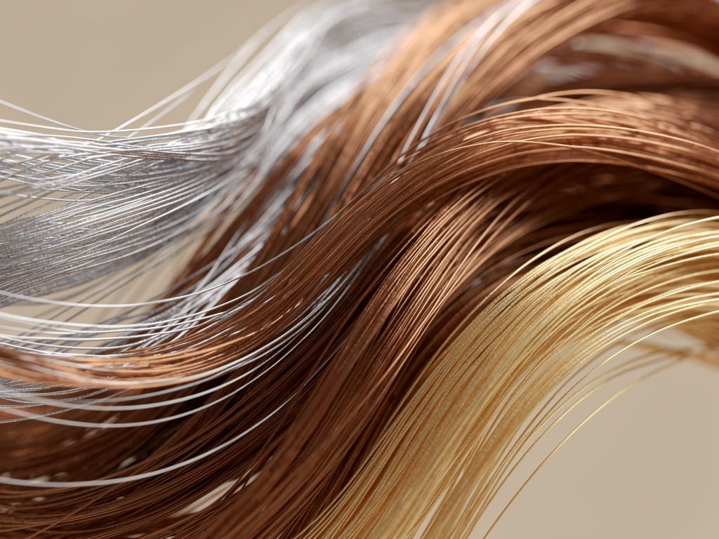 Close-up of different colored hair strands showing the beauty of aging