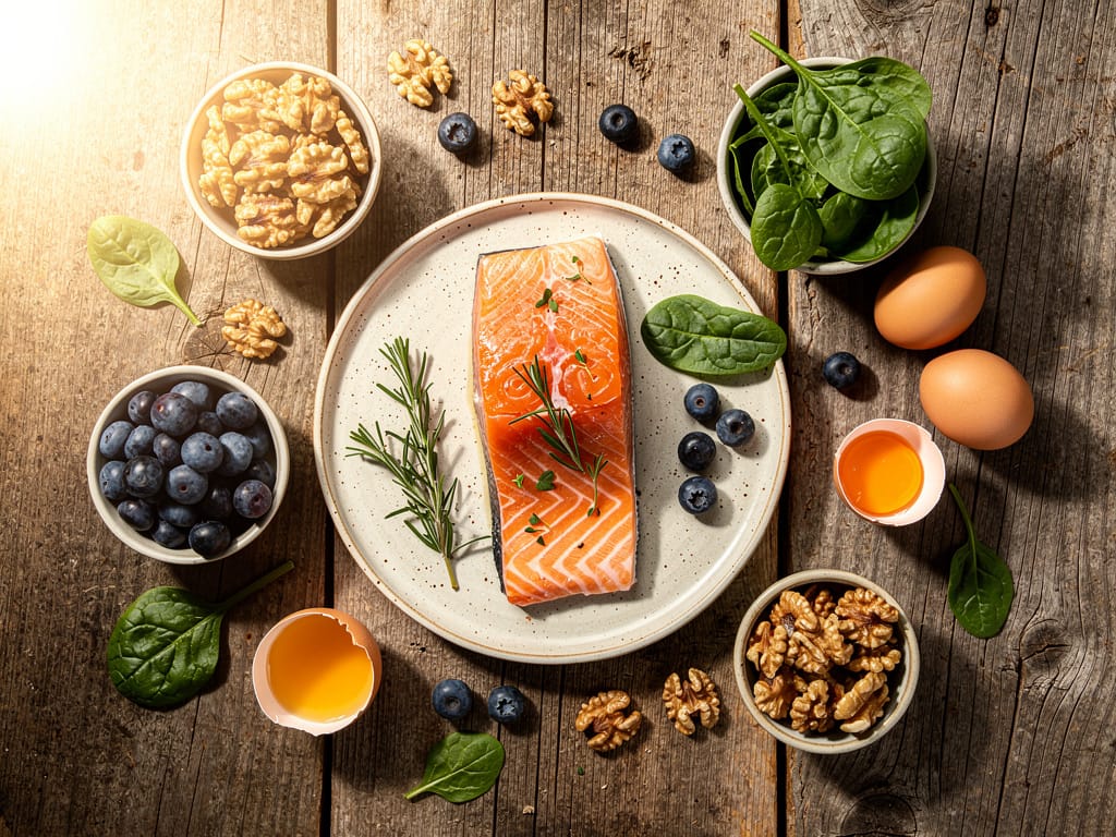 A collection of healthy foods that support hair health on a wooden table