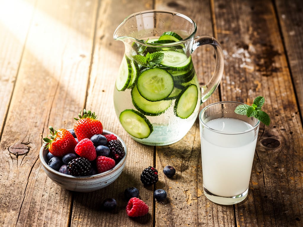 A refreshing assortment of hydrating foods and drinks on a table