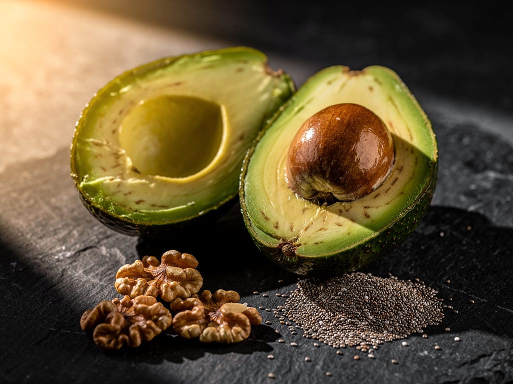 Healthy fats including avocado, walnuts, and chia seeds for skin health