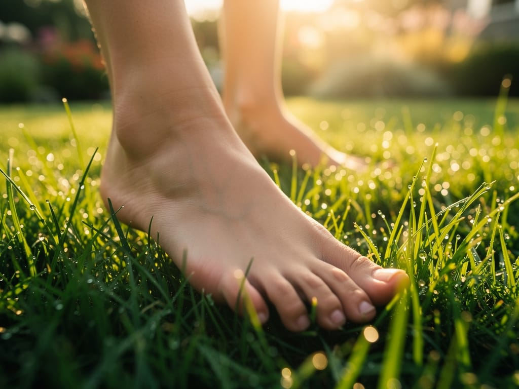 A person grounding by walking barefoot on grass