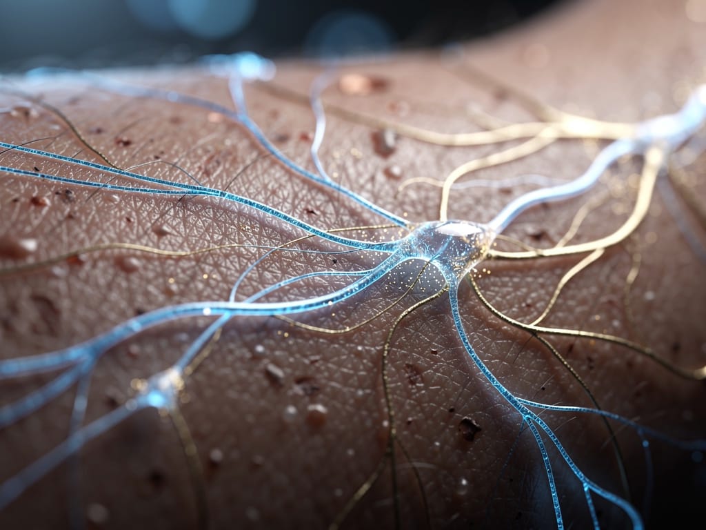 An abstract image showing the connection between brain neurons and skin texture