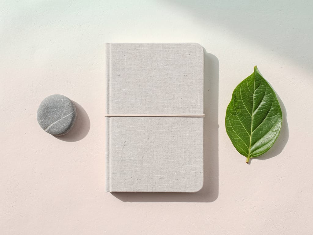 Minimalist wellness objects like a journal and a leaf on a calm background