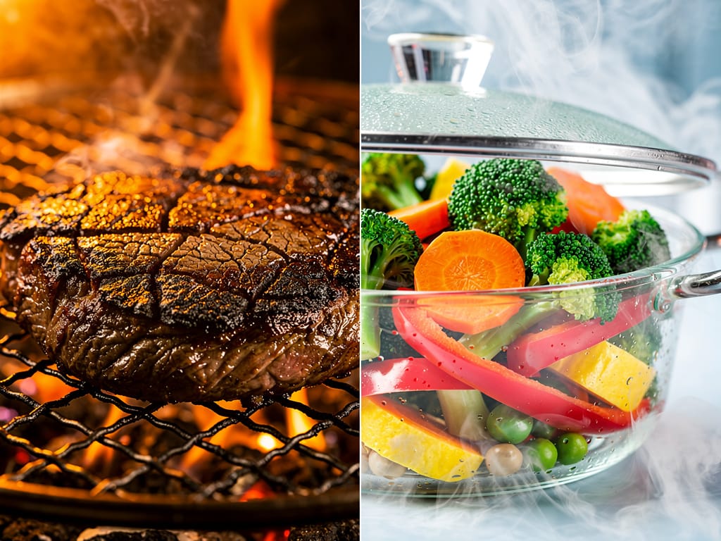 A comparison of high-heat grilling and gentle steaming cooking methods