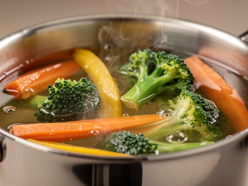 Colorful vegetables being gently poached in a pot of water
