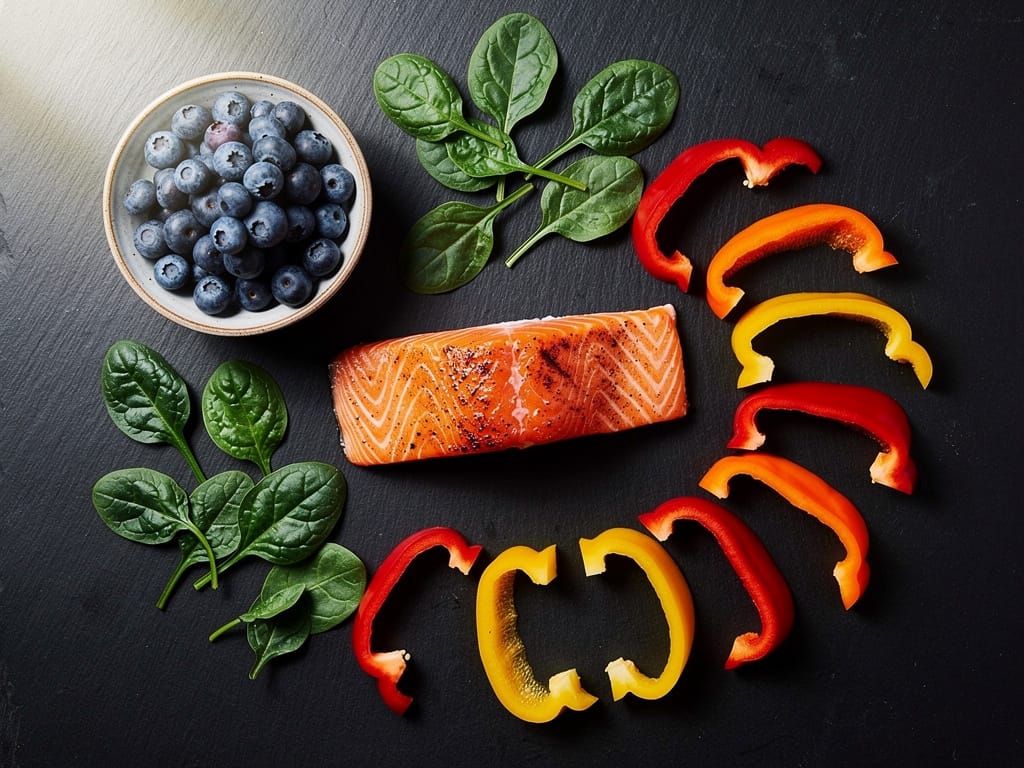 A colorful arrangement of healthy, antioxidant-rich foods