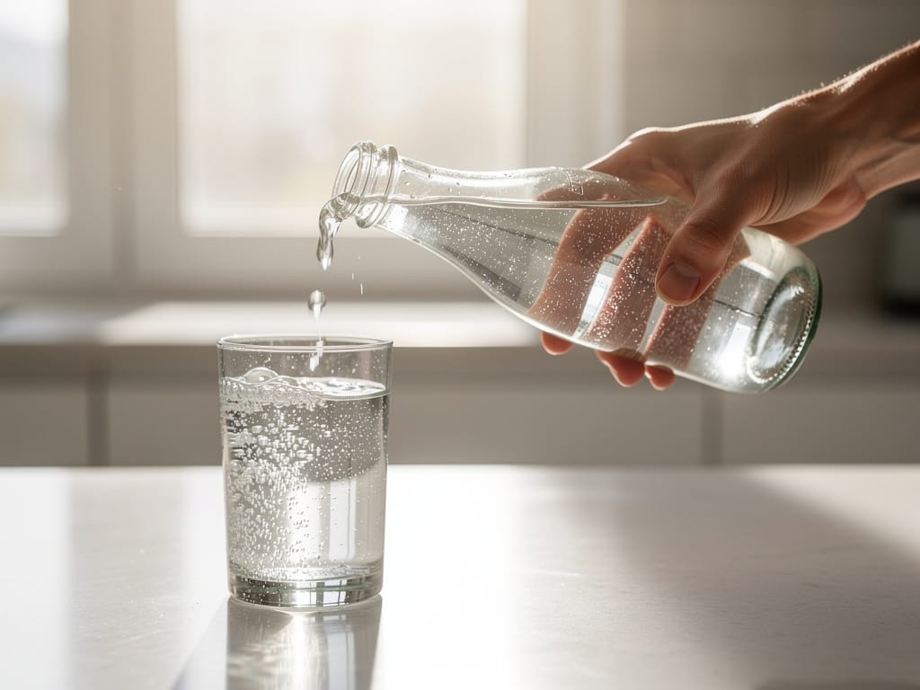 Pouring water into a glass in the morning sun