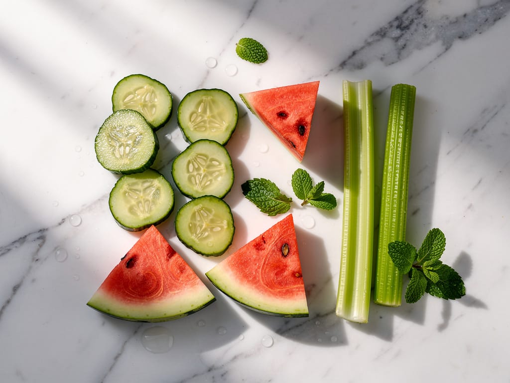 Sliced cucumbers, watermelon, and celery on a marble surface