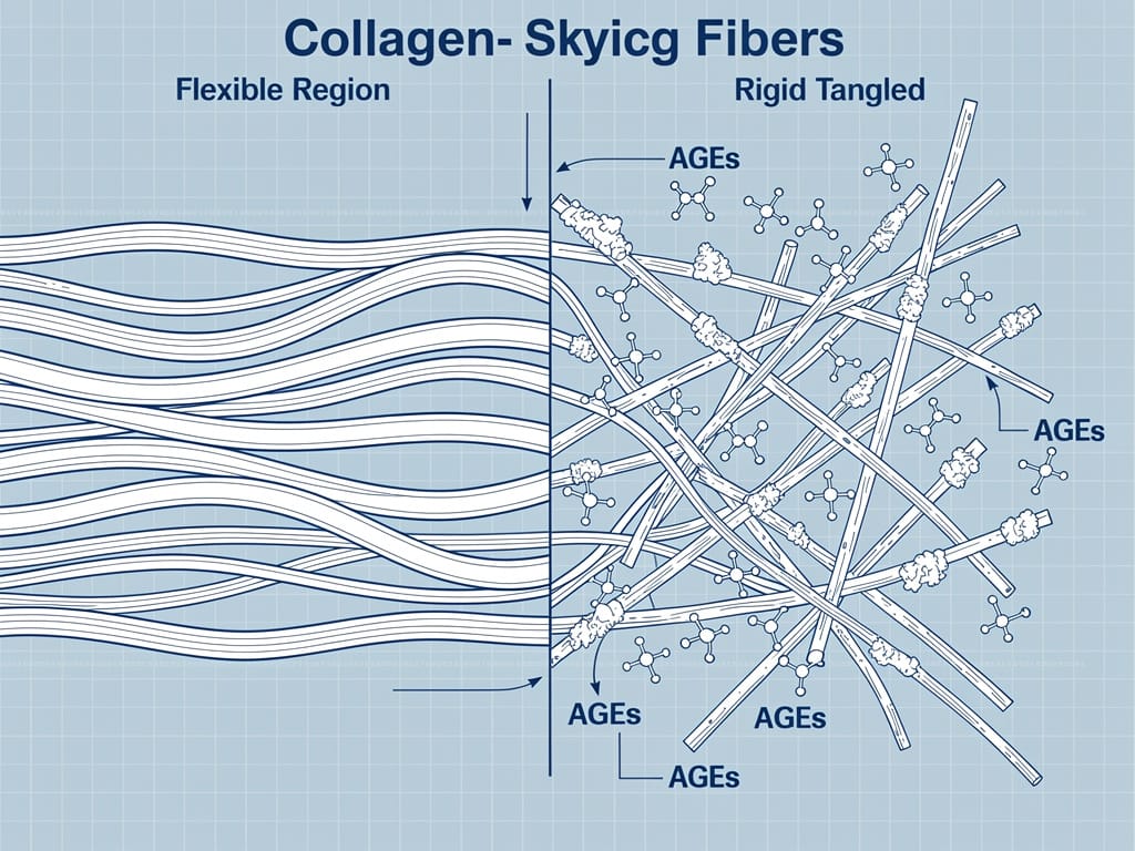 A diagram showing the difference between healthy collagen and cross-linked collagen