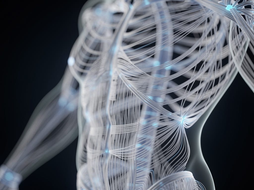 Abstract representation of the body's glowing fascial network