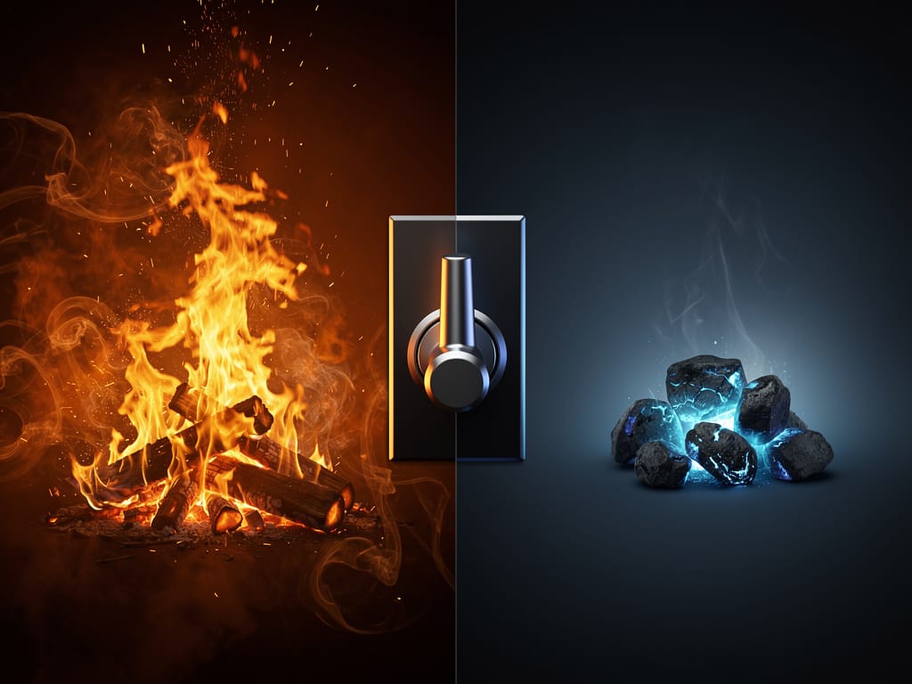 A switch between a fast-burning fire and a slow-burning ember representing metabolic flexibility