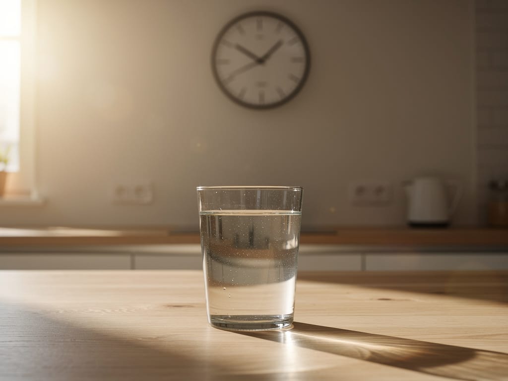Glass of water on a sunlit kitchen counter next to a clock