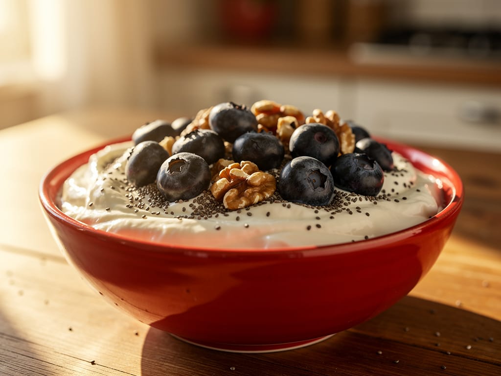 Bowl of yogurt with blueberries, walnuts, and chia seeds