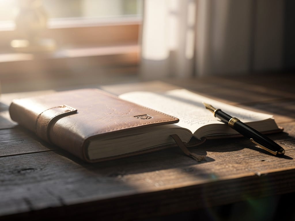 A vintage journal and fountain pen on a sunlit desk