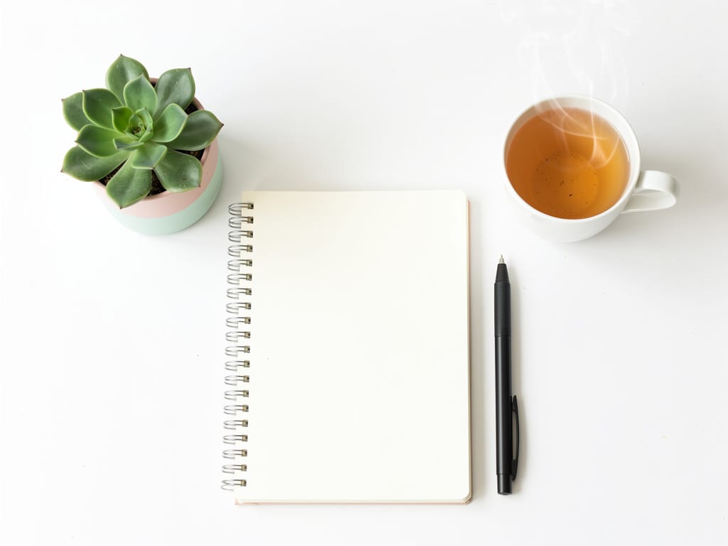 A clean desk setup with a journal, pen, and tea