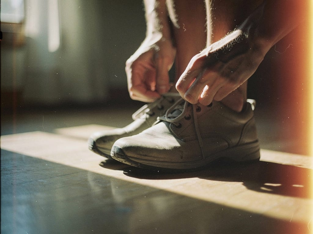 A person tying their walking shoes in the morning.
