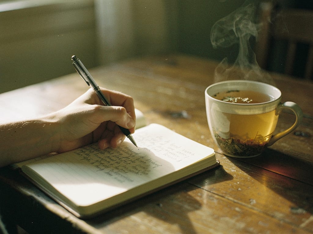 A person journaling in a notebook with a cup of tea in the morning