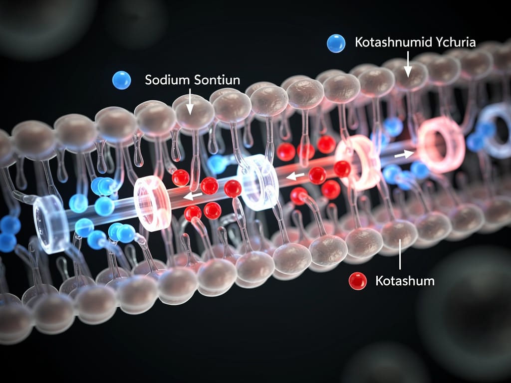 Abstract visualization of the sodium-potassium pump on a cell membrane