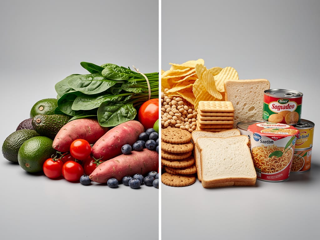 A visual comparison of fresh whole foods versus processed foods