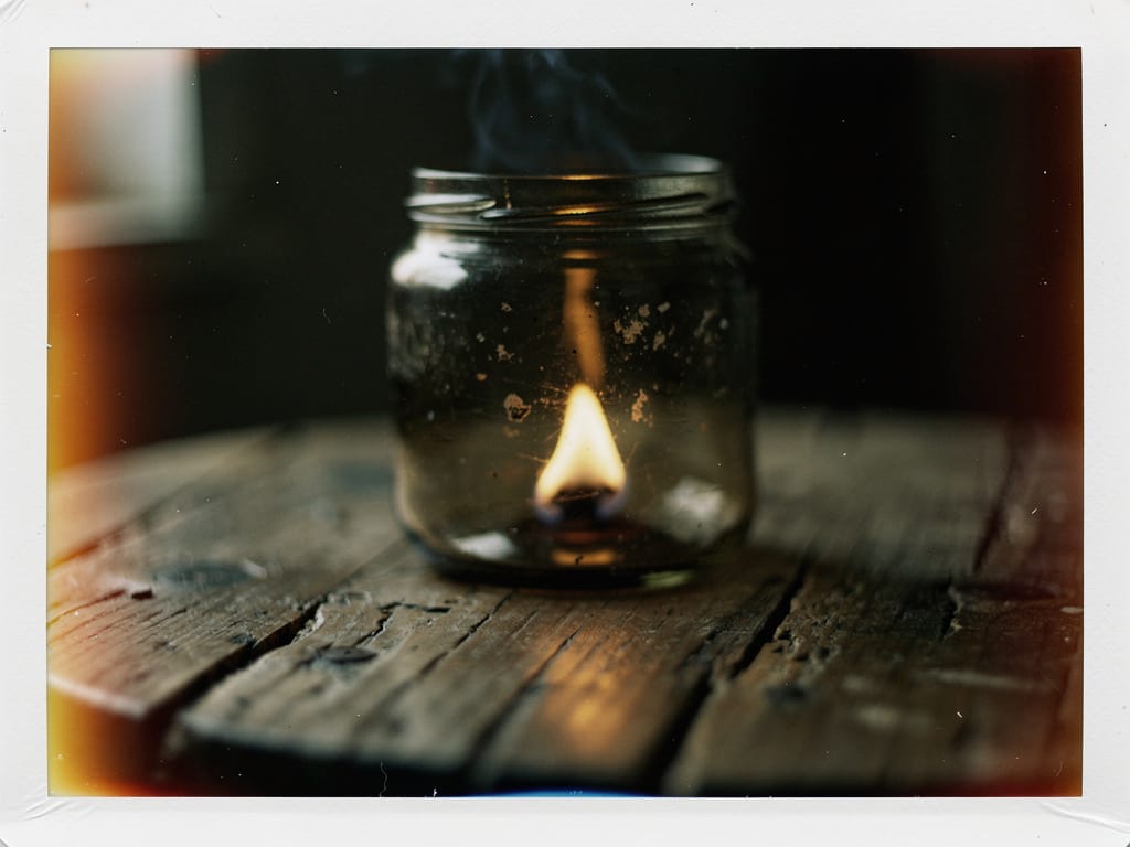 Single amber flame burning inside a dark glass jar on a wooden table