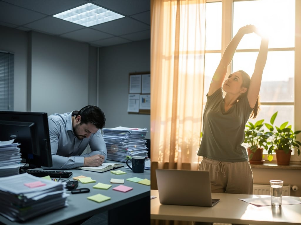 Person sitting at desk vs. person stretching near a sunny window
