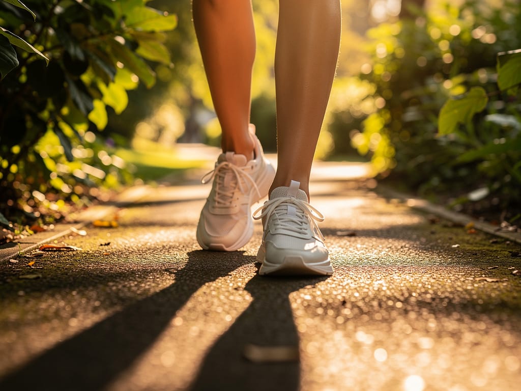 Person walking on a sunny park path in sneakers