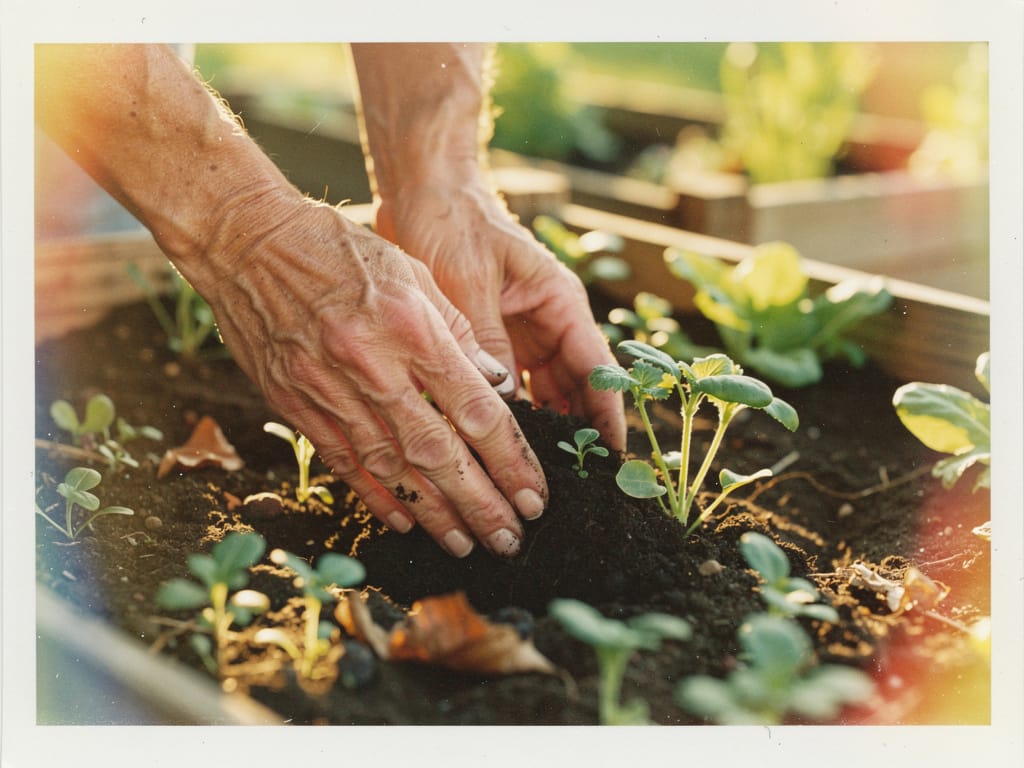 Elderly hands gardening in warm sunlight